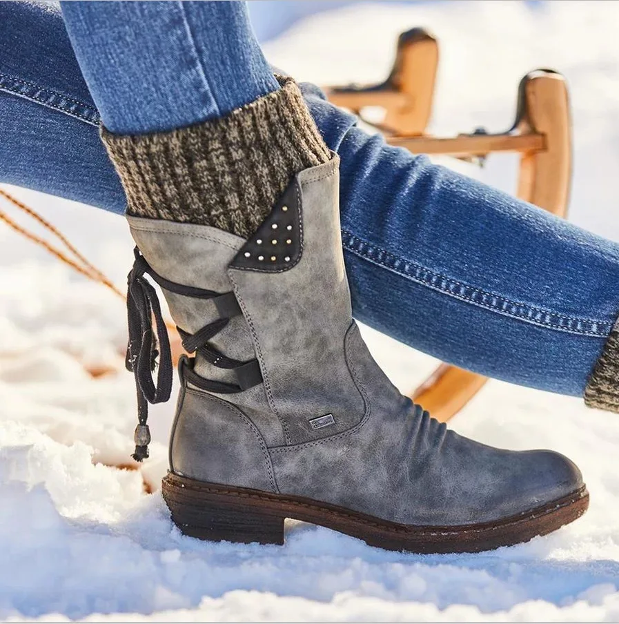 Женские ботинки; Теплая обувь; кожаные зимние ботинки; женские зимние ботинки; женская обувь; ботинки до середины икры на платформе; Zapatos De Mujer - Цвет: grey