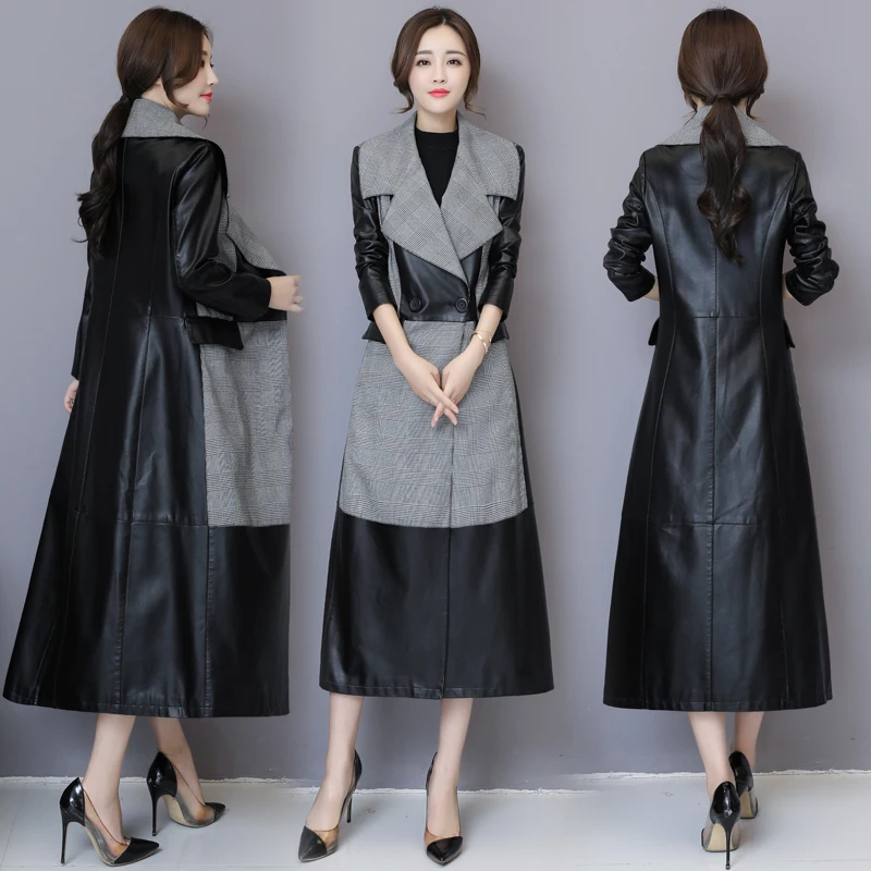 Gray Модные x-длинные Лоскутные Куртки из искусственной кожи женские зимние осенние тренчи с отложным воротником женские пальто из искусственной кожи размера плюс 5XL - Цвет: Gray