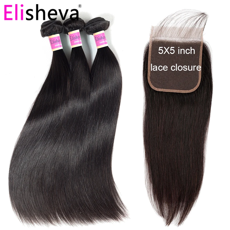 Елишева remy перуанские человеческие волосы переплетения пучки прямые волосы 3 пучка с 5x5 закрытие натурального черного цвета для волос расширение