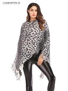 

Lugentolo Womens Cape Tassel Ponchos Leopard Knitted Pullover Autumn Winter Elegant Coat Loose Lady Scarf Collar Capes Fashion