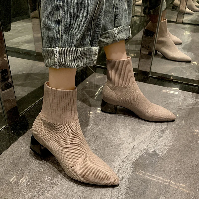 

ARSMUNDI Autumn Winter Women's Knit Elastic Socks Boots Pointed Toe Chunky Heel Boots Black Fashion Ankle Chelsea Boots M808