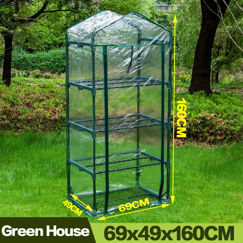 

AULAYSED 69x49x160CM 4-Tier Garden Green House Waterproof Zipper Warm Plants Flowers Insulation Insulation (With Iron Stand)