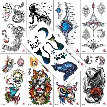 

Temporary Watercolor Animal Print Cat Dog Bird Women Kids Tattoo Sticker Cool Black Painting Waterproof Body Art Washable Tatoo