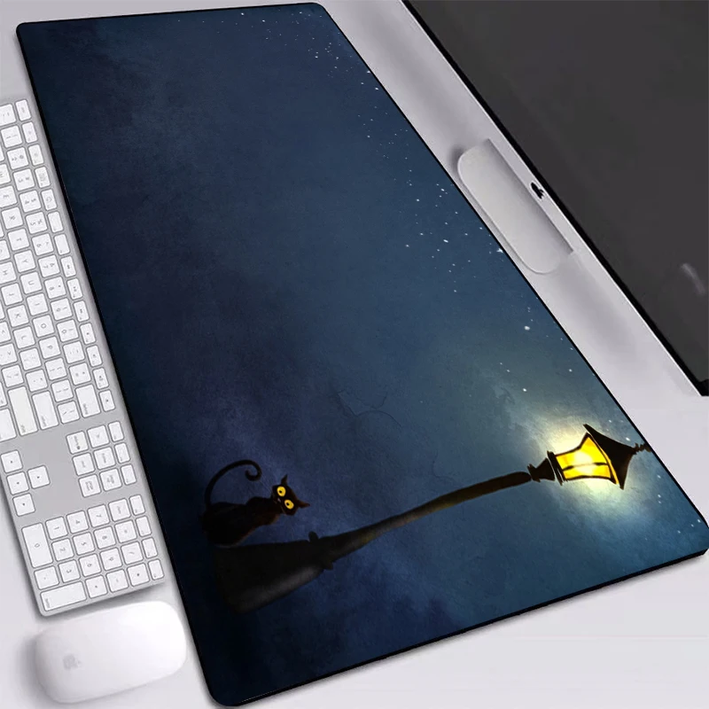 

Cat Night Light Pads Mice Simple Black Mouse Pad Desktop Dustproof Printed Mice Pad Custom with Sewn Edges Pad 90x40cm Desk Mat