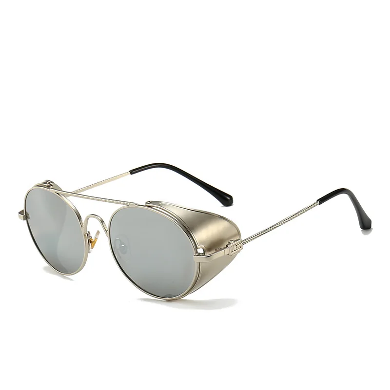 Новинка, винтажные Роскошные стимпанк Солнцезащитные очки для женщин и мужчин, кожаные боковые защитные металлические круглые солнцезащитные очки в стиле панк, зеркальные очки - Цвет линз: Silver.Mercury