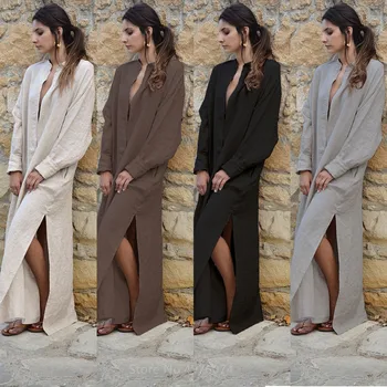 

Musilim Fashion Large Size Islamic Cotton and Linen Dress for Women Female Casual Wear V-neck Loose Side Slit Ankle Dress
