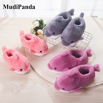 

MudiPanda 2020 New Cartoon Little Dolphin Children'S Winter Slippers Baby Girls Warm Indoor Home Comfort Plush Shoes Non-Slip