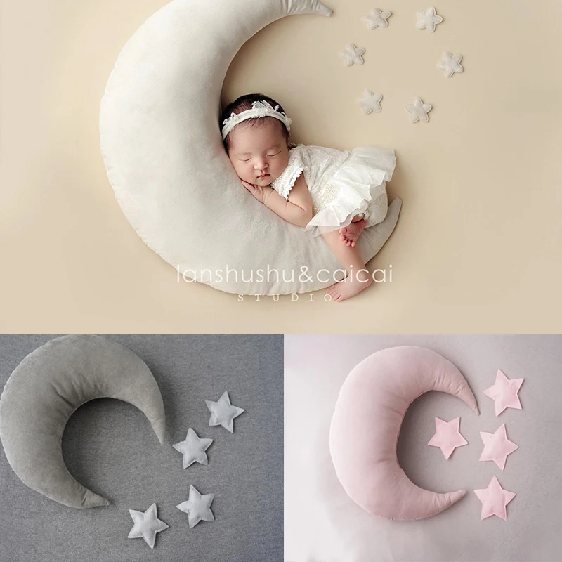 Newborn Photography Props Baby Posing Beans Moon shaped pillows with Stars Set Infants Photo Shooting Accessories Cushion Mat