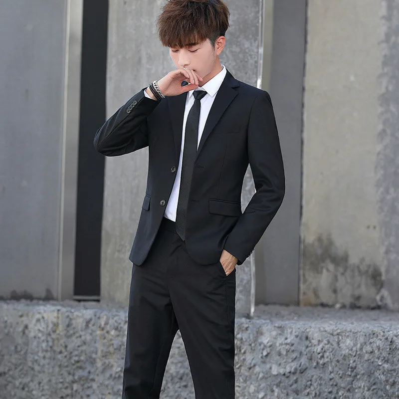 Весна Slim Fit темно-синие мужские костюмы с брюками комплект из 2 предметов мужской повседневный мужской комплект костюм из двух предметов брючные костюмы размера плюс офисная одежда