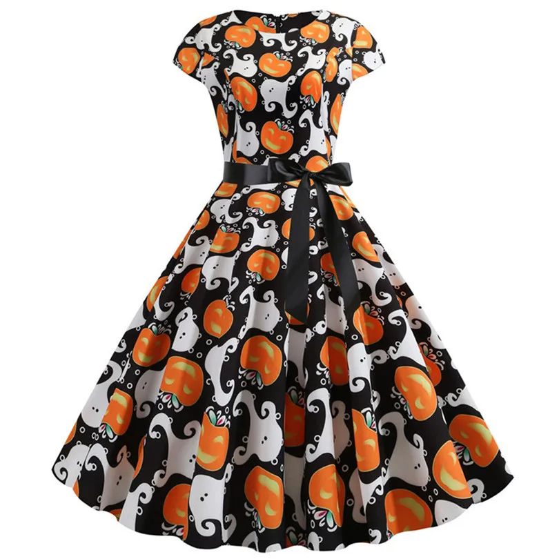 

Short Sleeve Dress For Women Halloween Dresses Pumpkin Print Dress Plus Size A Line Dress Party O Neck Robe Femme 40AUG5