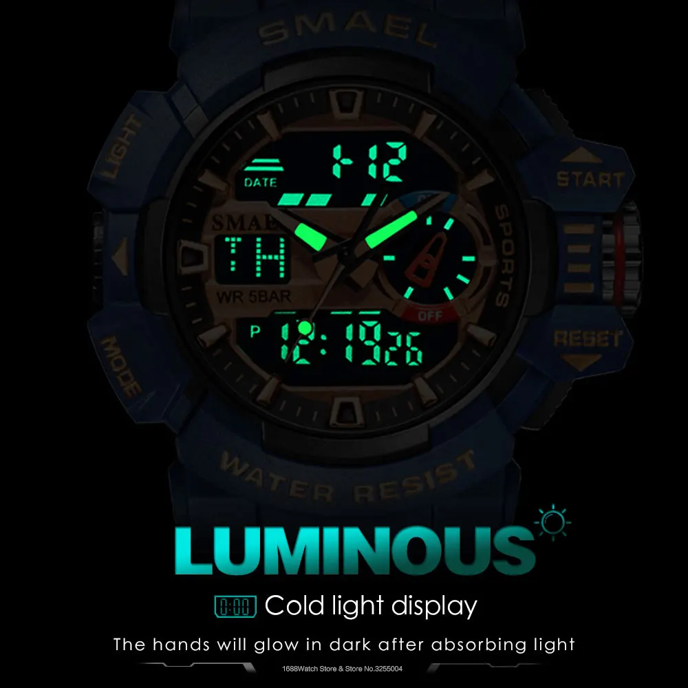 SMAEL Yellow Sports Electronic Digial Watches Men Alarm Clock