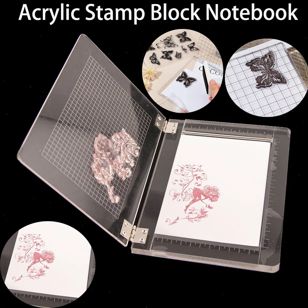 Acrylic Stamp Block Notebook Type Clear Stamping Tools Set with Grid Lines for Scrapbooking