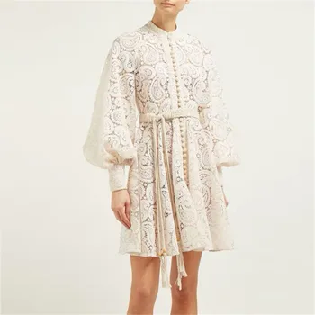 

High Quality Lace Dress 2019 Autumn Hollow Out Lace Stand Collar Lantern Long Sleeve Dress Fashion Fit and Flare Shirt Dress