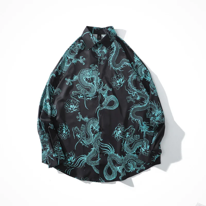 

2020 New Arrival Full Print China Dragon Loose Fit Fashion Long Sleeve Shirt Men's And Women's Hip Hop Shirts Men Dress