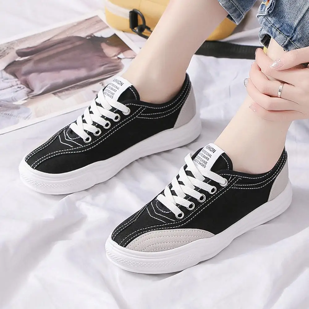 Outdoor Walking Shoes Sneakers Women Flat Casual Wild Single Shoes Round Head Lace-up Canvas Shoes Leisure Sneakers