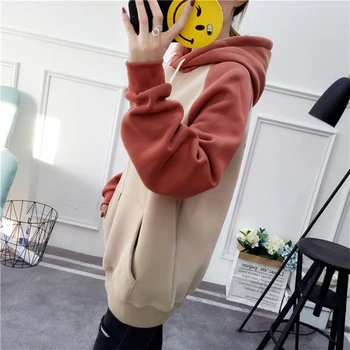 

Women Winter New Autumn Plus Velvet Thick Drop-Shoulder Patchwork Hooded Loose Casual Fashion Letter Harajuku Sweatshirts ZX737