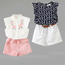 Детская одежда; милые костюмы с бантом; летняя детская одежда без рукавов с вышивкой и цветочным рисунком; брюки; комплекты из 2 предметов для маленьких девочек