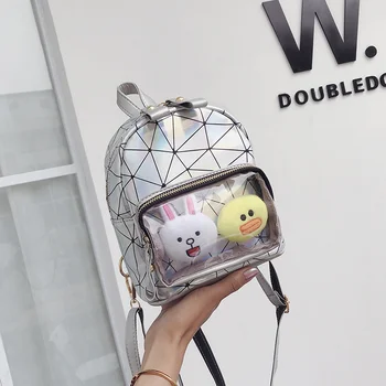 

Laser Geometric Patchwork Women Backpacks Cartoon Rabbit Women Schoolbags For Girls Ita Bookbags Woman PU Leather Mini Back Pack