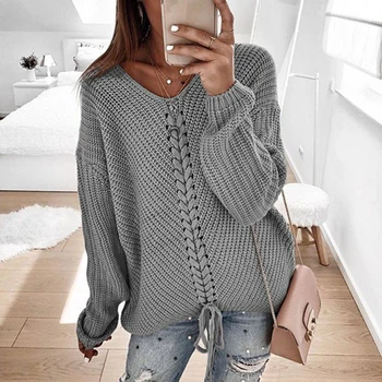 

Women Autumn Winter Loose V-neck Lace Up Knitted Sweater Fashion Casual Closure Long Sleeve Solid Stitching Simple Sweater D30