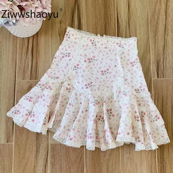 

Ziwwshaoyu Designer Summer Elegant Flower Print Lace Ruffled High Waist 100% Cotton Skirt Women's High Quality Clothing 2020
