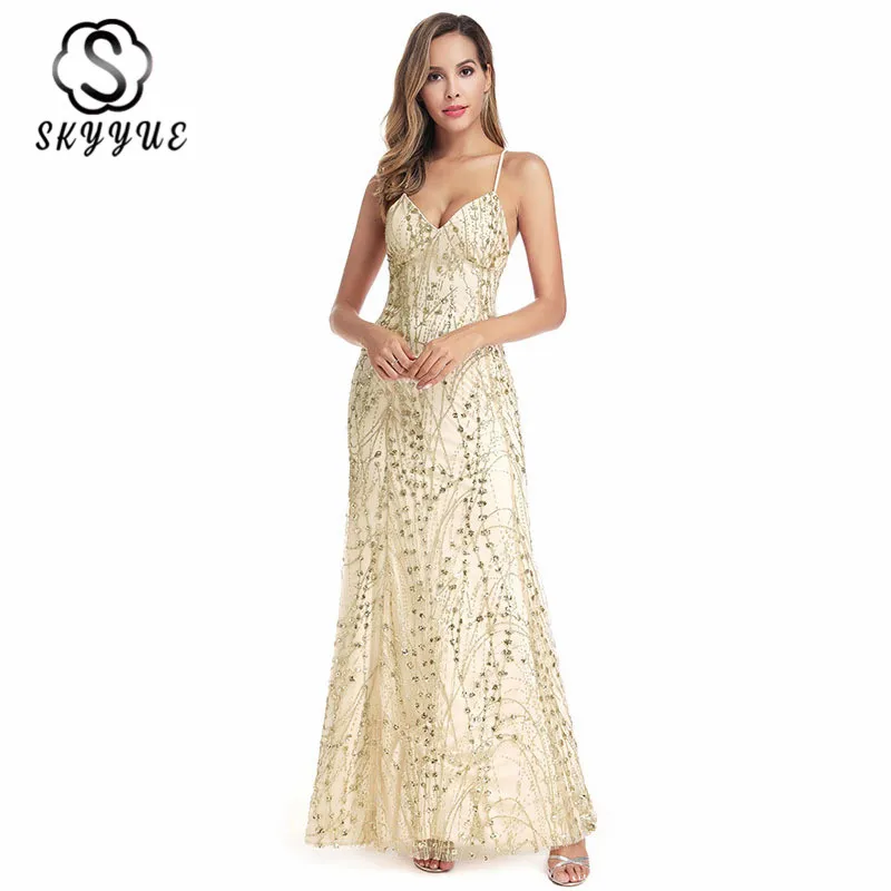 

Skyyue Sling Sleeveless Sequin Robe De Soiree Formal Gowns Sexy Deep V-neck Lace Up Evening Dress Women Party Dresses 2019 C477
