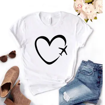 

Travel Plane Heart Love Summer Women T shirt Cotton Tshirt Women Short Sleeve Femme T-shirts Black Graphic Tees Camisetas Mujer