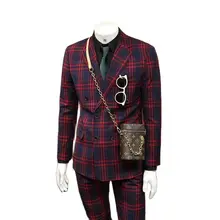 

2022 Latest Tailored Handsome Burgundy Plaid Notch Lapel Double Breasted Slim Fit Business Formal Suit Casual Wear(Jacket+Pants)