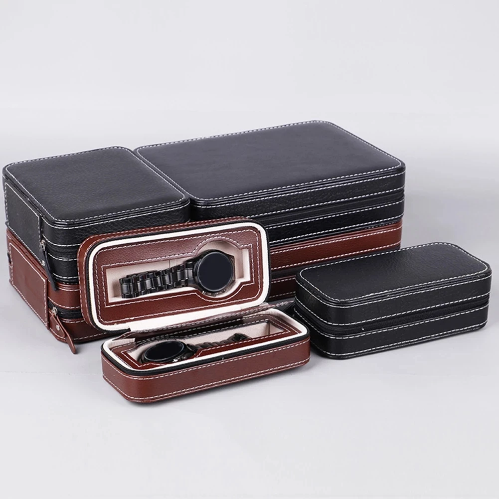 Black Faux Leather Watch Display Storage Box Watched Case 2/4/8 Grids Tray Zippered Travel Watch Collector Case
