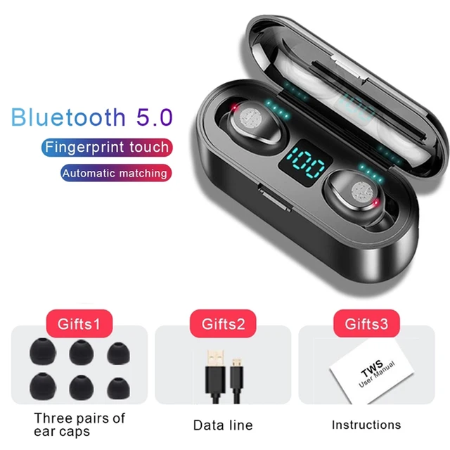 F9 Earphones Bluetooth Headphones Wireless Earpiece Running Headset With Charging Case Power Bank Waterproof Earbuds For Iphone F9-8 Touch Black