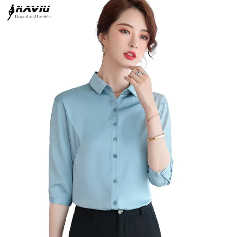 Camisa azul claro mujer, blusa holgada de satén de media manga diseño de temperamento, a la moda, para oficina trabajo Formal, novedad de verano - AliExpress