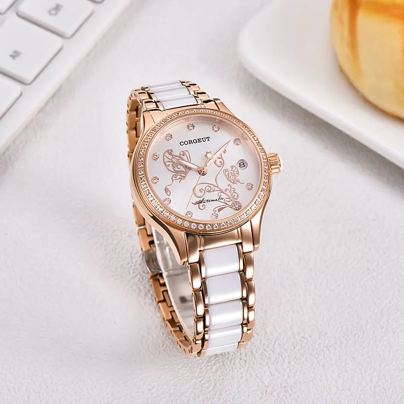Роскошные брендовые Corgeut женские часы 34 мм цвета розового золота керамические автоматические механические наручные часы Miyota821A