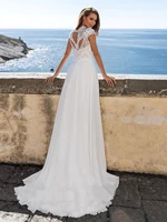 Charming Cap Sleeves Lace Beach Boho Wedding Dress Cut Out Zipper A Line Chiffon Nude Princess Bridal Gowns Vestido De Noiv 2