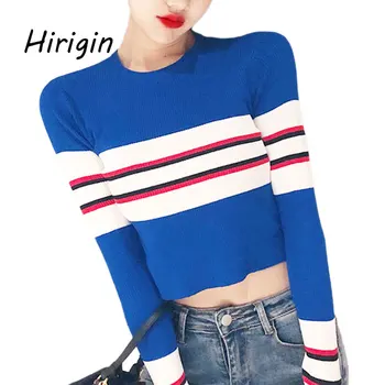 

2020 Women Winter Warm Sweater Knitted Pullover Striped O Neck Sweater Knitted Long sleeve Short Blouses For Elegant Office Lady