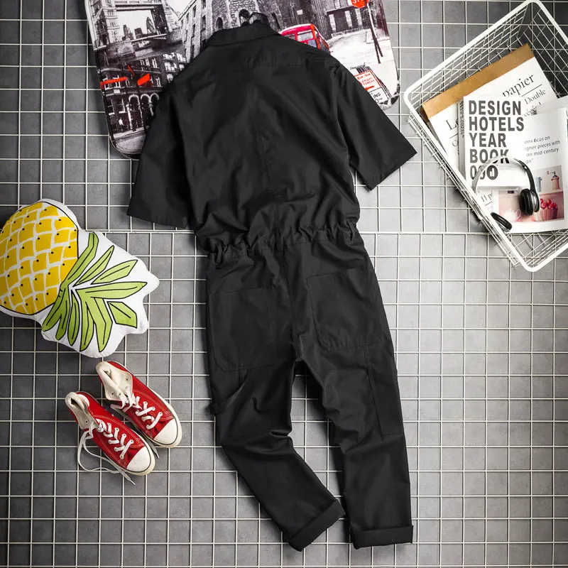 Summer Overalls Men Jumpsuit Cotton Lapel Short Sleeve Ankle Length Hip Hop Streetwear Black Yellow Pants Loose Leisure Trousers
