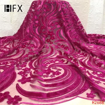 

HFX Nigerian Lace Fabric High Quality Sequin Velvet Lace Fabric fushia pink Embroidered Tulle African Velvet Lace Fabric H2688
