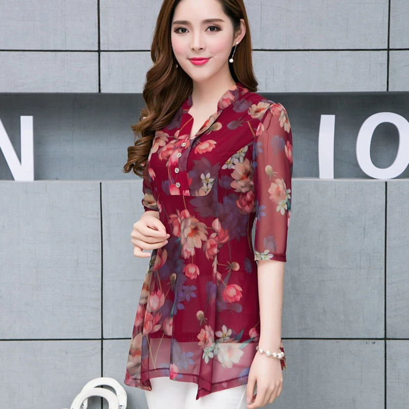 

Женские весенне-осенние стильные шифоновые Женские Блузки Рубашки повседневные шифоновые Блузы с коротким рукавом и V-образным вырезом с цветочным принтом DD8923