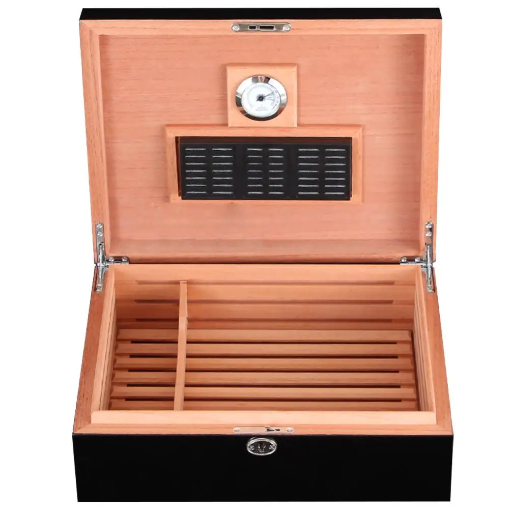 COHIBA Large Capacity Humidor Cigar Case Cedar Wood Cigar Box Black Cigar Accessories with Cigar Humidifier Hygrometer