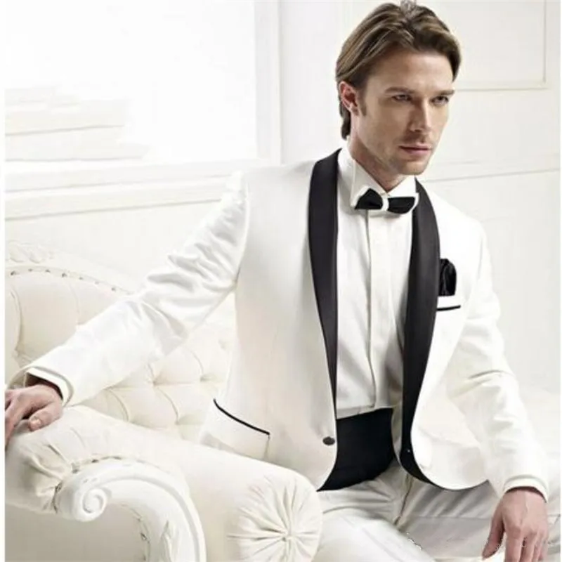 

New Mens White Wedding Suits Male Groom Tuxedos With Black Shawl Lapel One Button Formal Event Wear Custom Made 2 Piece Blazer