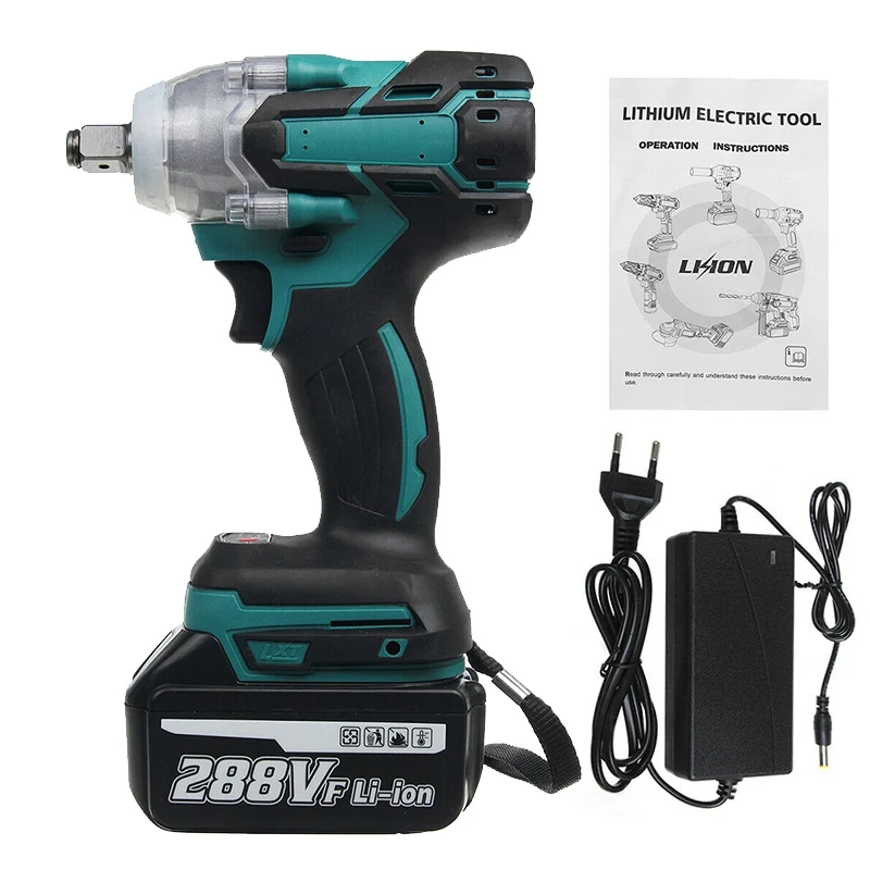 288V 1/2'' 800NM Cordless Electric Impact Wrench Gun Driver Li-ion 1/2 Battery AC 110-240V One Battery and One Charge Power Tool