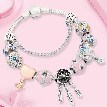 

NEW Creative Multi Color Plant Flower Pendant Charm Bracelet Fashion Dream Catcher Heart Bee Bead Bracelet for Women Jewelry