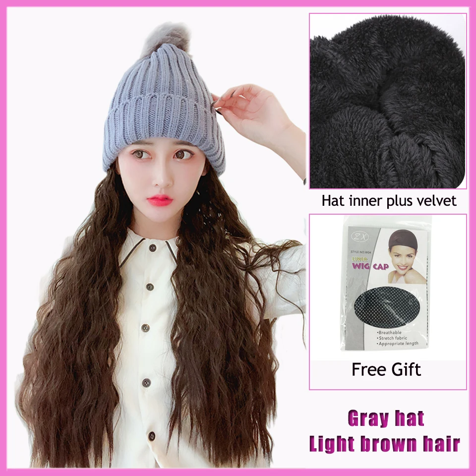 MEIFAN, новая мода, длинная прямая/волнистая шляпа, парик, вязаная шапка, естественное соединение, синтетический черный, коричневый парик для женщин - Цвет: ZZM01-H-Y1-2-30