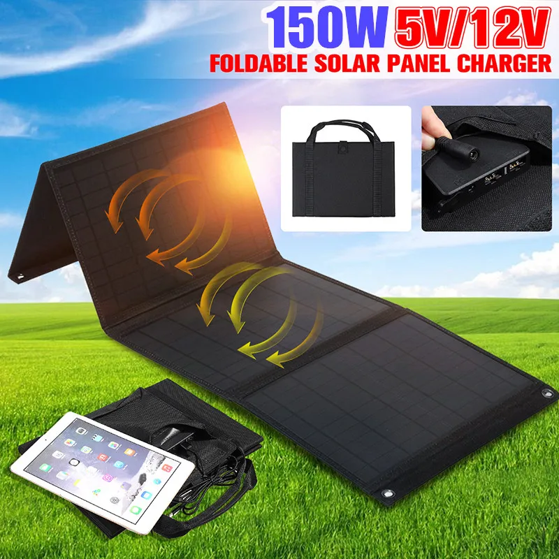 150W 12V/5V Foldable Dual USB Solar Panel Portable Folding Waterproof Solar Panel Solar Cell Charger Mobile Power Battery Charge