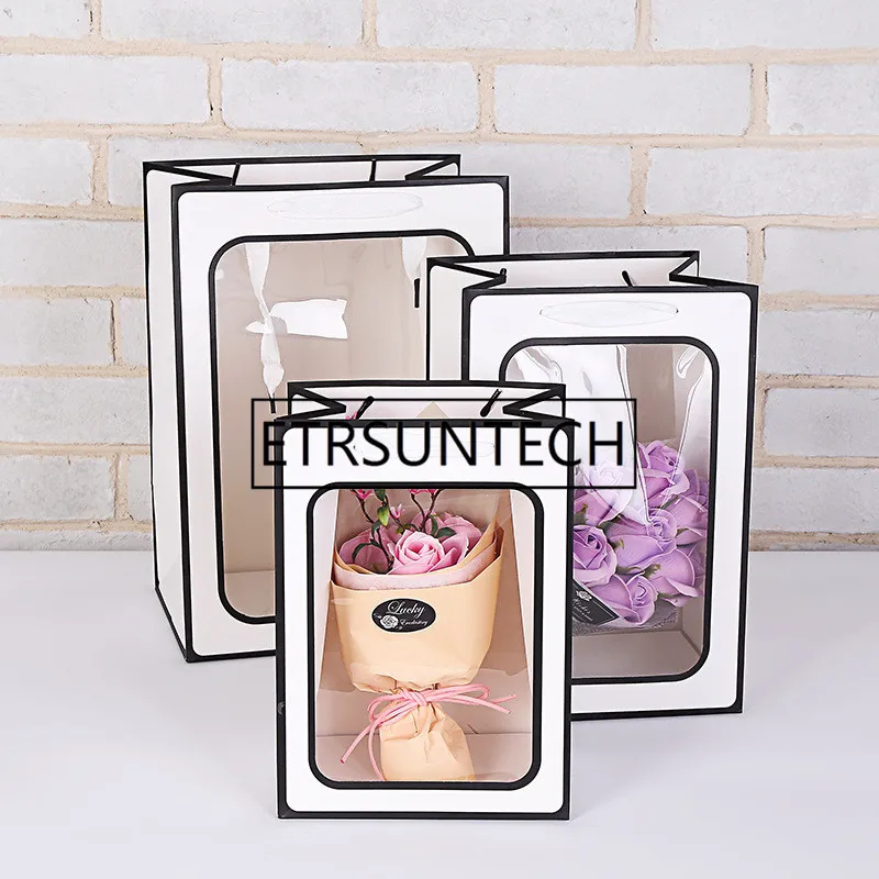 100 teile/los Bunte Transparente fenster einkaufstasche Urlaub geschenk boxen transparente verpackung taschen kreative blume tasche großhandel – Detail 6