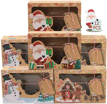 

12pcs Kraft Paper Portable Christmas Gift Box Party Favor Holders Goody Candy Box Cookie Boxes for Party Christmas Home