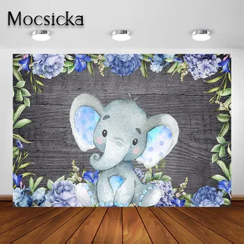 

Mocsicka Elephant Baby Shower Backdrop Gender Neutral Wood Blue Flower Elephant Birthday Party Decoration Photography Background