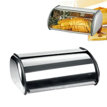 

Stainless Steel Roll Top Bread Box Storage Bin Keeper Food Storage Container Pastry Bread Baking Holder Kitchen Supplies Silver