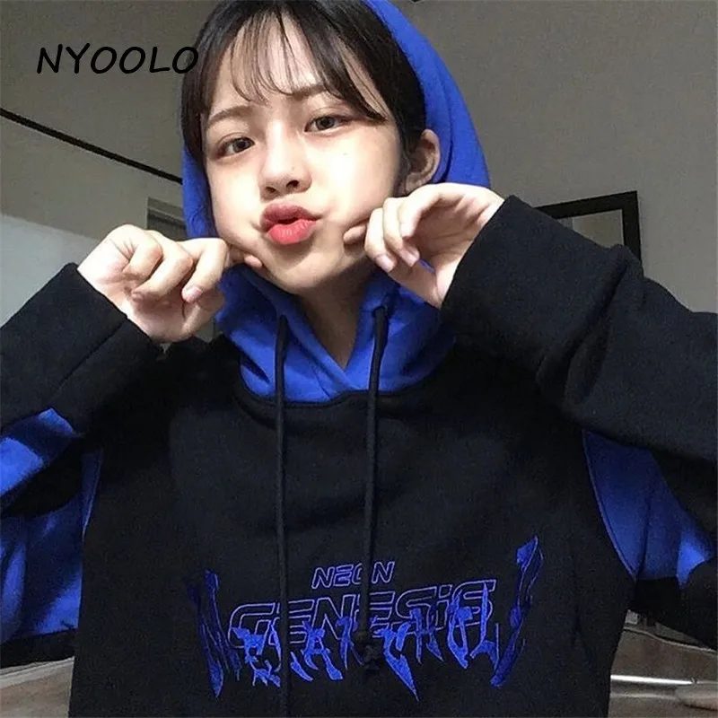 NYOOLO повседневные уличные буквы вышивка Лоскутная теплая толстовка осень зима свободные пуловеры с капюшоном флисовая Толстовка для женщин и мужчин - Цвет: Синий