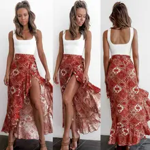 Женская модная длинная Плиссированная юбка миди в стиле бохо со шнуровкой и цветочным принтом, элегантные пляжные юбки с высокой талией и разрезом