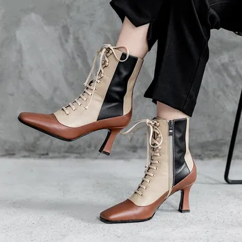 

HKWS 2020 new square head Martin boots female stiletto color matching short boots with side zipper retro boots C008