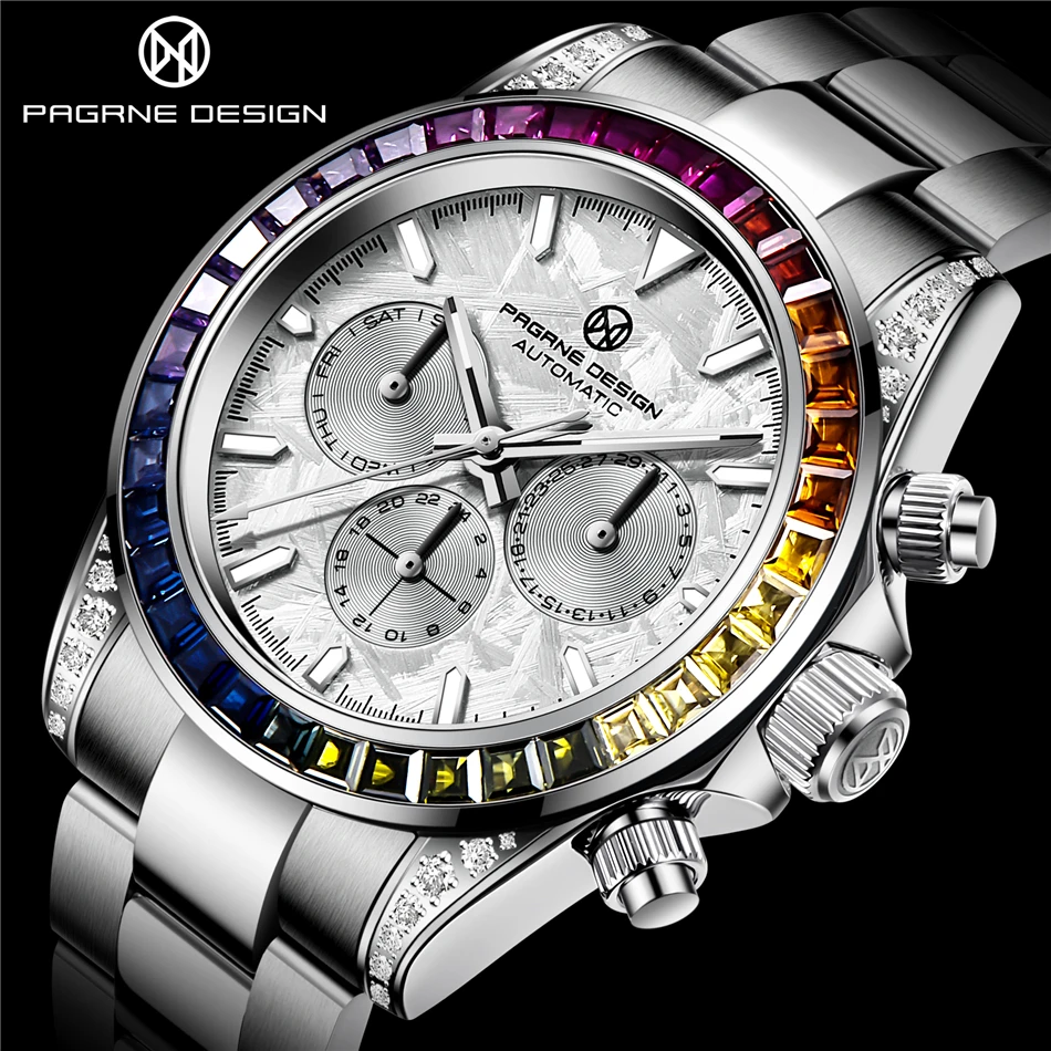 PAGRNE DESIGN Luxury Sapphire Glass Mechanical Watch Men's Sports Stainless Steel Automatic Waterproof Watch Reloj Hombre